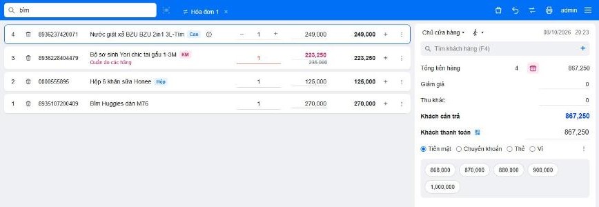 Point-of-sale screen of the Gấu Đôi store operations app with four items in the cart